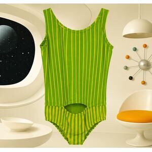 Vtg 1960s Rudi Gernreich Harmon Knitwear Cut Out Swimsuit Green Striped Size 14